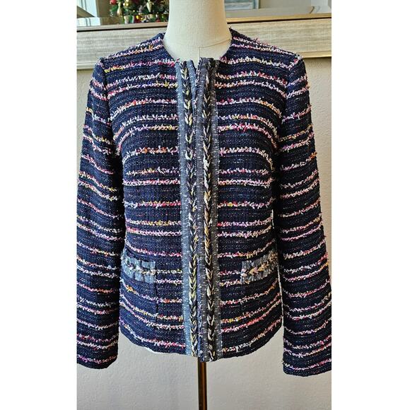Talbots Fringe Trim Tweed Blazer Jacket Women Sz 6 Blue Long Sleeve Career Lined - Picture 2 of 9